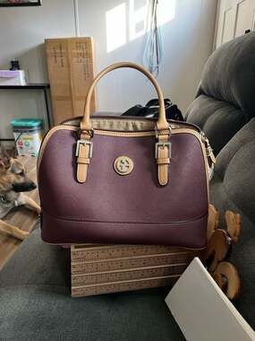 Giani Bernini Saffiano Dome Satchel in Beet/Plum with Tan Trim